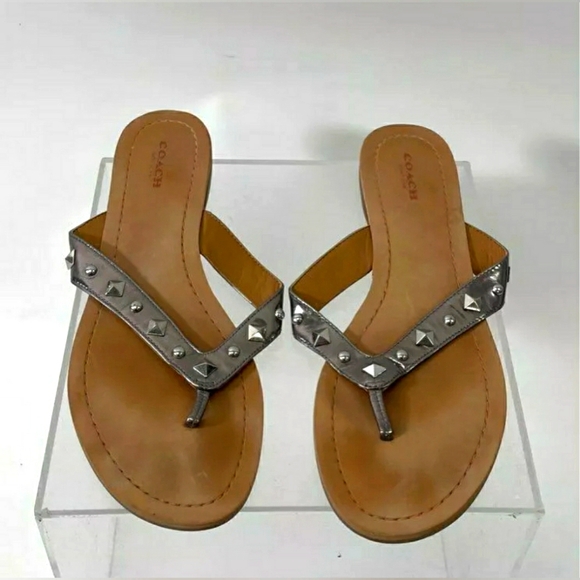 Coach Designer Silver-Tone Studded T-Strap Sandals thong flip flop - Size 9 - Picture 1 of 7